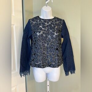 English Factory Womens Embroidered Floral Fringe Denim Blouse Blue XS NWT
